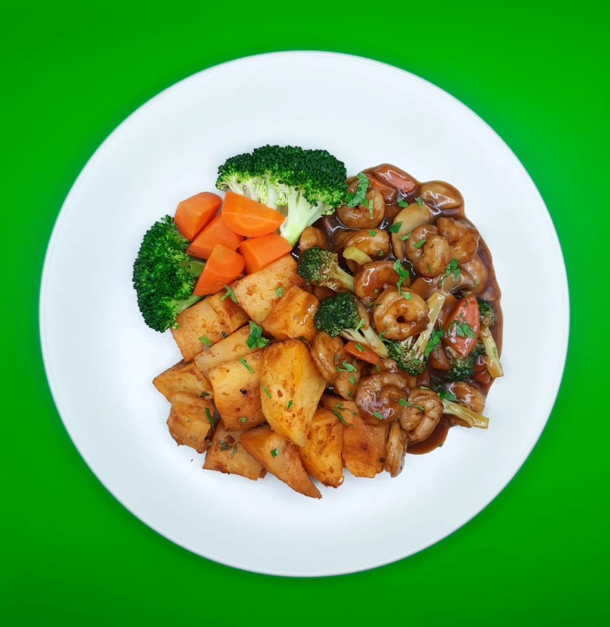 Chinese shrimps with roasted potato